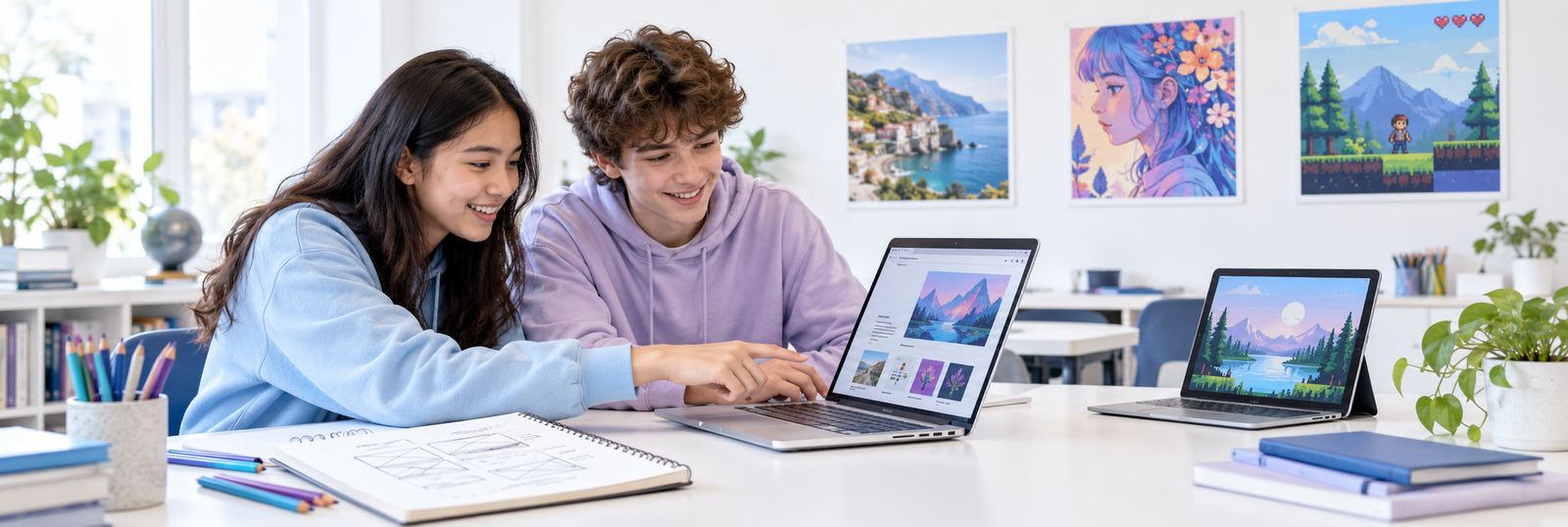 Students collaborating on creative AI projects in a bright classroom